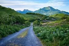 Dirt road; mountain in distance